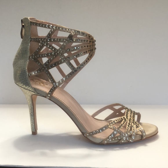 Vince Camuto Metallic Gold Open Toe Rhinestone Back Zip Heels size 8.5M - Picture 6 of 16